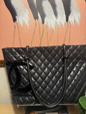 Chanel 
Cambon Tote Black Quilted Lambskin Patent CC Shoulder Bag Large
